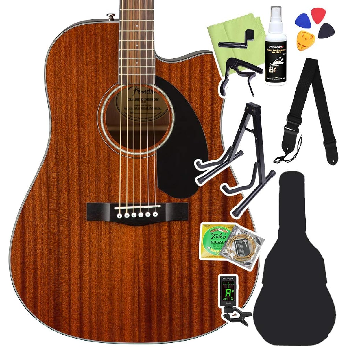 Fender CD-60SCE Dreadnought Walnut Fingerboard All-Mahogany MAH Acoustic Guitar Beginner 12-piece Set Electric Acoustic Fender