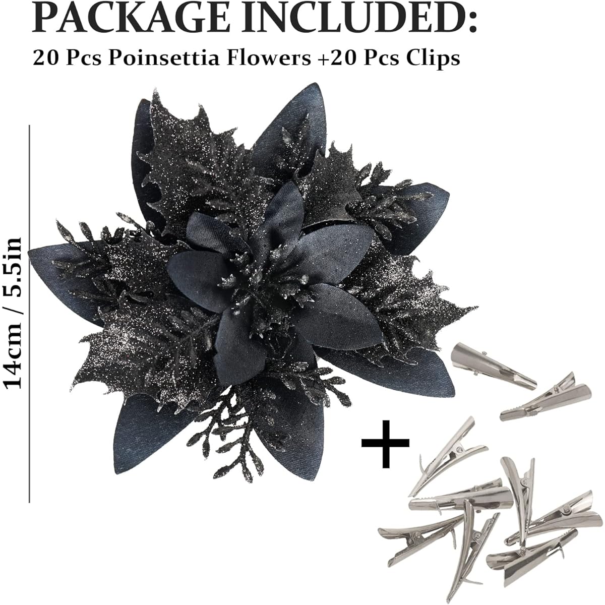 Whaline 20pcs Christmas Flower Poinsettia with 20pcs Metal Clips Artificial Christmas Black Glitter Flowers Christmas Poinsettia Christmas Tree Ornaments Wreath Garland Party Decoration