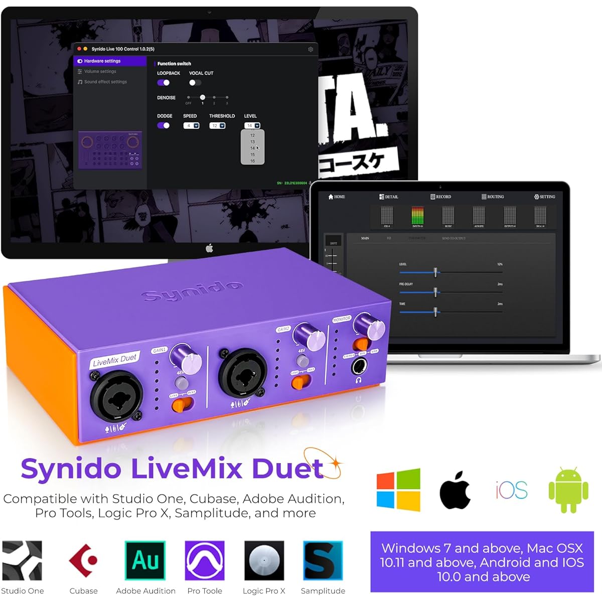 Synido 2 Channel USB Audio Interface for Recording and Podcasting Hi-Fi Studio Quality Dual Compact Digital Audio Interface for Guitarist/Vocalist/Podcaster/Producer Purple
