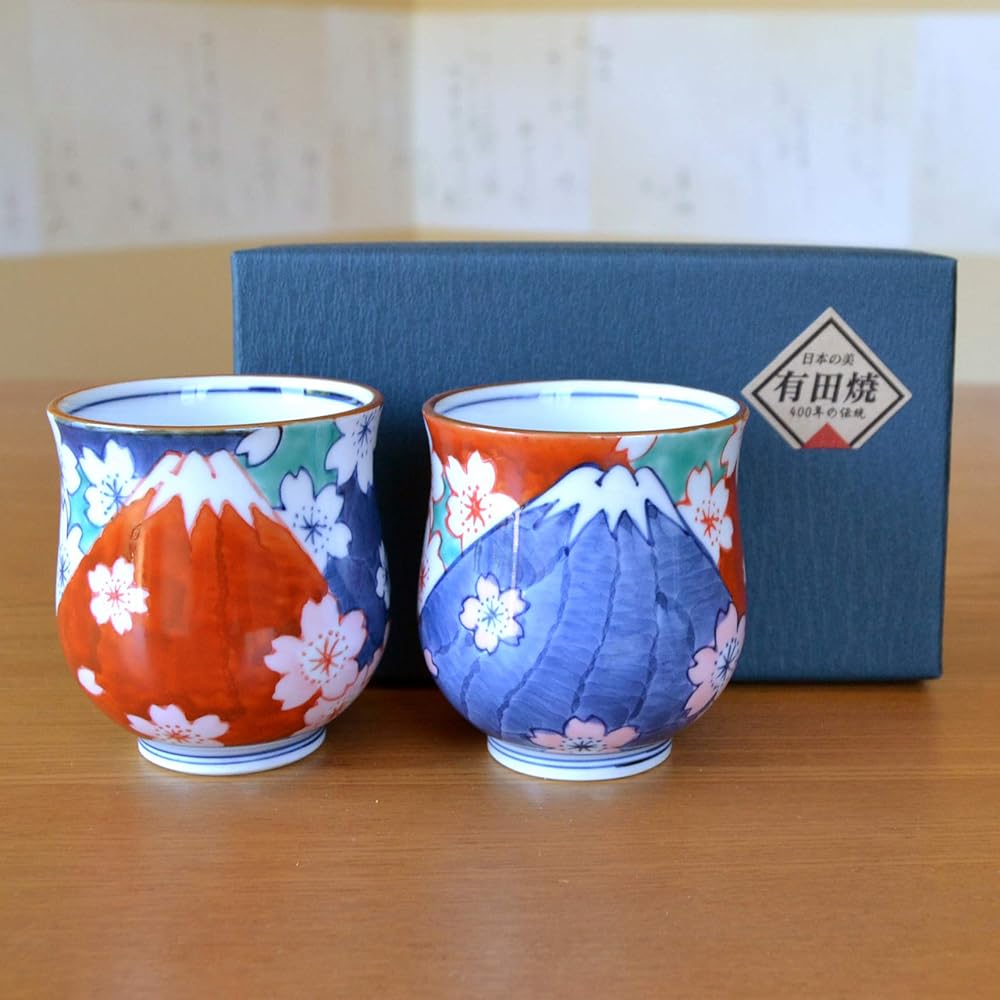 Pair of teacups, present, gift boxed, stylish, Arita ware, Mt. Fuji, Nabeshima Fuji, couple's teacup, gift boxed, gift wrapped, made in Japan