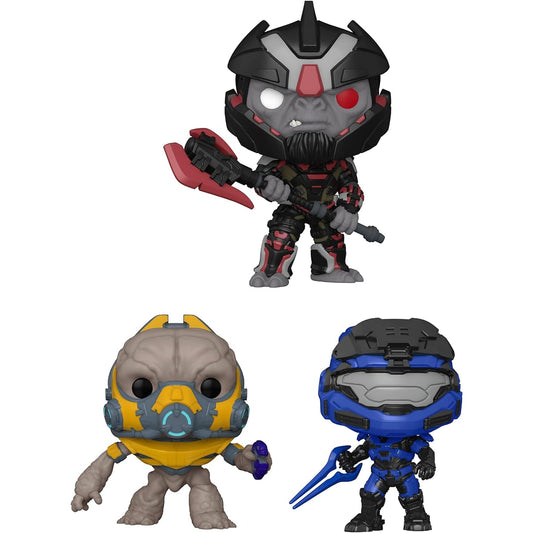 Funko Pop! Game: Halo Infinite Collector's Set - 3 Figures: Grant Conscript Plasmo Pistol, Spartan Mark V [B] Blue Sword (Possible Red Sword Chase Variant), 6-Inch Super Pop! Esharam Gravity Ax