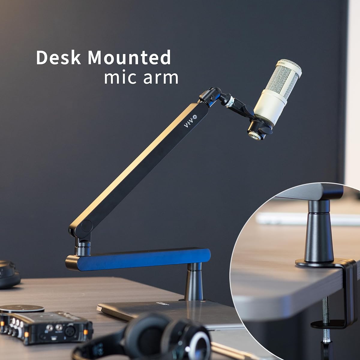 VIVO Thin Broadcast/Podcast Microphone Boom Arm Stand with 3/8 and 5/8" Thread Adapter Heavy Duty Desk Mount Professional Microphone Stand 360 Rotation Black STAND-MIC03L