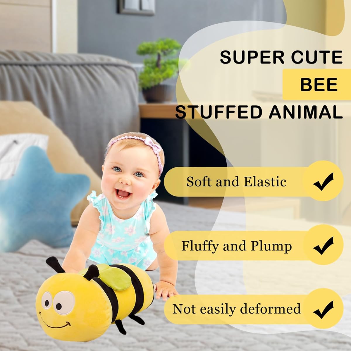 AUCOOMA Bee Stuffed Animal Cute Bumblebee Toy Pillow for Girls Boys Gift 17.7inch