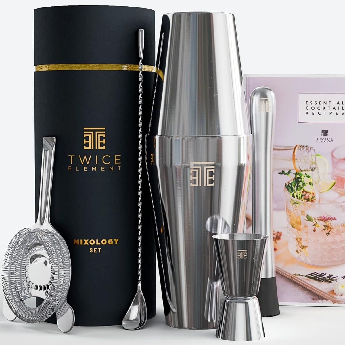 Twice Element Cocktail Making Set | Food Grade Stainless Steel Boston Style Shaker Kit, Essential Drink Accessories, Recipe Book, Elegant Gift Box & Storage Pouch Included (Black)