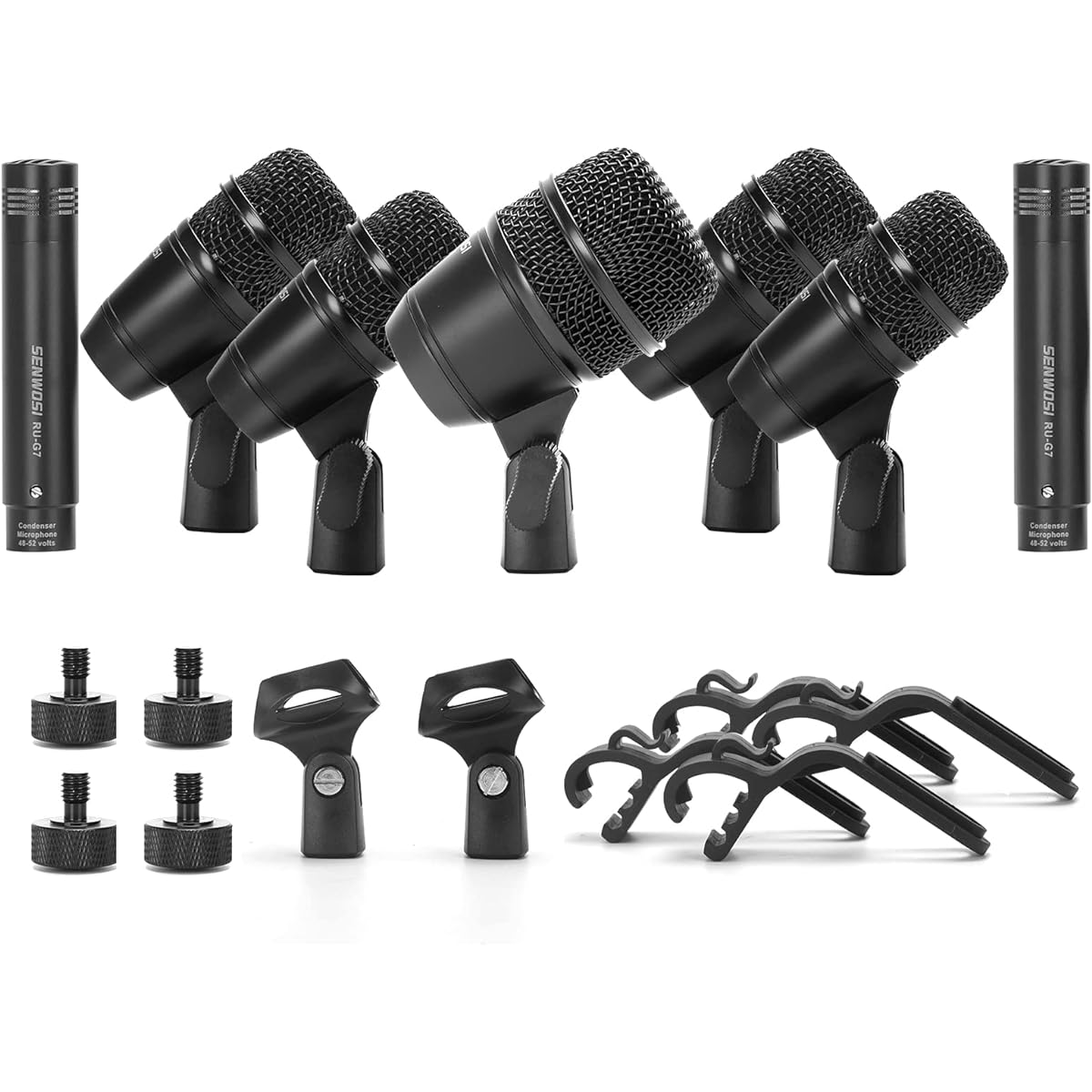 SENWOSI 7-Piece (All Metal) Wired Dynamic Drum Microphone Kit Kick Bass, Tom/Snare Drum, Cymbal Mics for Drummers to Play and Record - Stand, Thread Clamp and More Included (G-7)