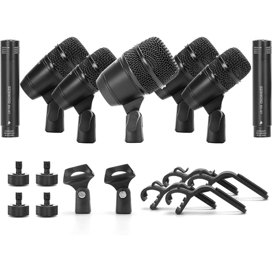 SENWOSI 7-Piece (All Metal) Wired Dynamic Drum Microphone Kit Kick Bass, Tom/Snare Drum, Cymbal Mics for Drummers to Play and Record - Stand, Thread Clamp and More Included (G-7)