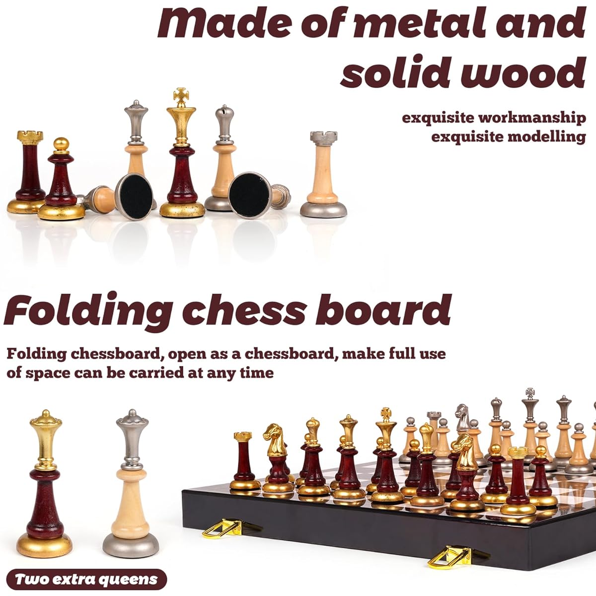 Metal + Wood Chess Set for Adults and Kids - Marble Chess Board with Chess Pieces - Portable Travel Chess Set with Metal and Wooden Chessmen - Foldable Chess Board - 2 Queens