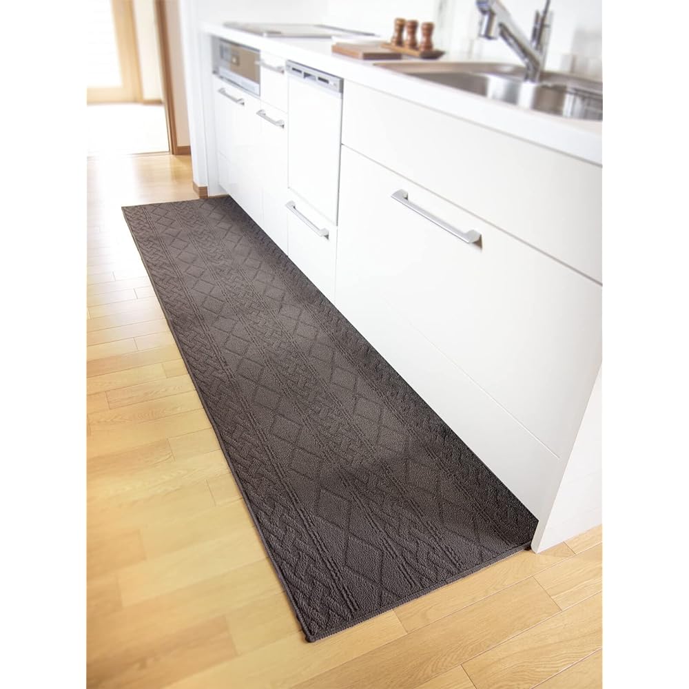 Warm knit style design, elastic kitchen mat, 60 x 252 cm, wide long size, brown fabric, interior mat, less tiring, loop pile, washable, non-slip treatment, compatible with floor heating, Enver Hell Look