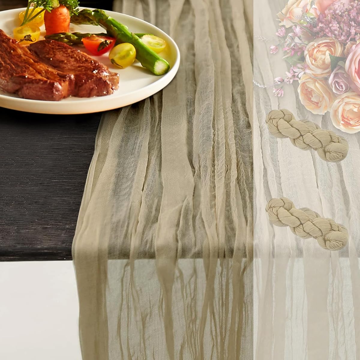 NOSTHEART 2 Pcs Beige Cheesecloth Table Runner 10FT Boho Gauze Table Runner Rustic Sheer Runner 35.4x120inch Long for Wedding Baby Shower Valentines Birthday Holiday Party Home Decor (Beige)