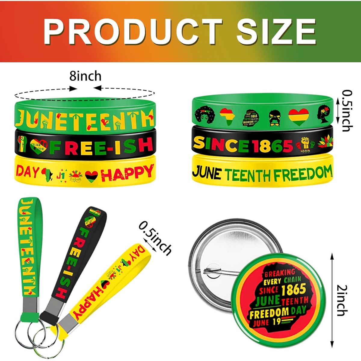 GANKTOWCOY 39 Pieces June Day Party Favors Set, 12 Bracelets, 12 Key Chains, 12 Button Pins for African American Themed Party Decorations