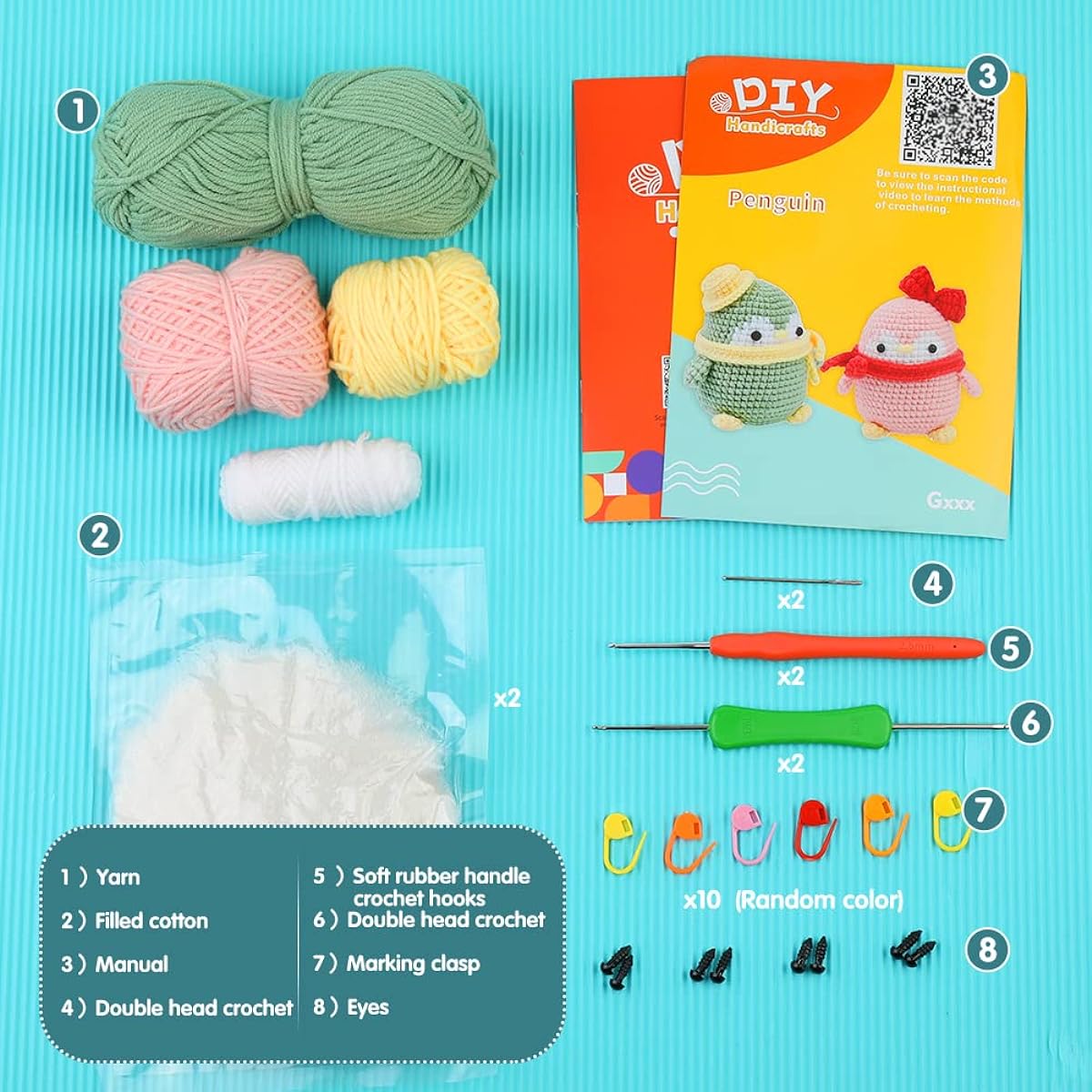 Huaiid 2 Sets Beginner Crochet Kit Complete Crochet Starter Kit for Adults and Kids DIY Animal Crochet Kit with Crochet Accessories and Instructions (Pink and Green Penguin)