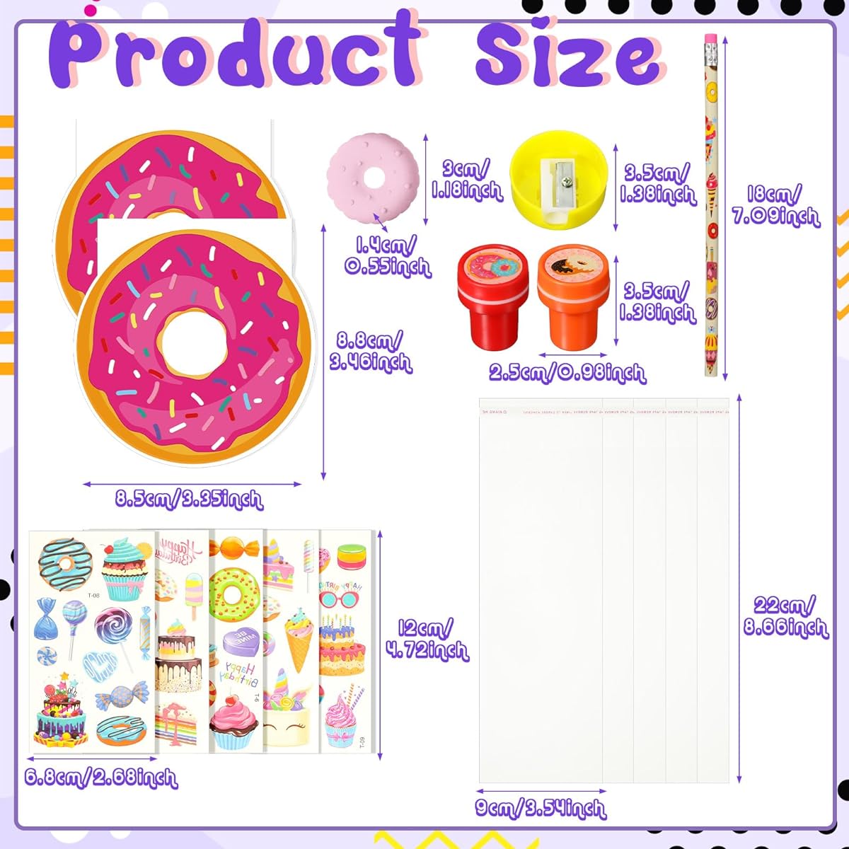 Fainne 84 Pieces Donut Party Gift Set Donut Party Bag Pencil Eraser Note Stamper Pencil Sharpener Tattoo Sticker Donut Birthday Party Gift Bag Stuffing School Reward for Kids
