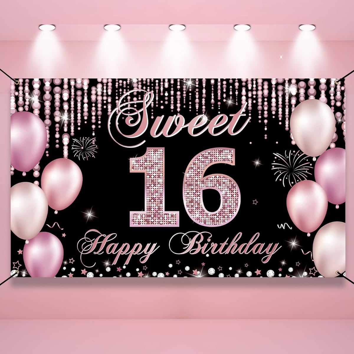 HTDZZI Sweet 16th Birthday Decorations Happy 16th Birthday Banner Backdrop for Girls Pink Sweet Sixteen Party Yard Sign Decor Sweet 16 Photo Booth Props Backdrop Fabric 6' x 3'