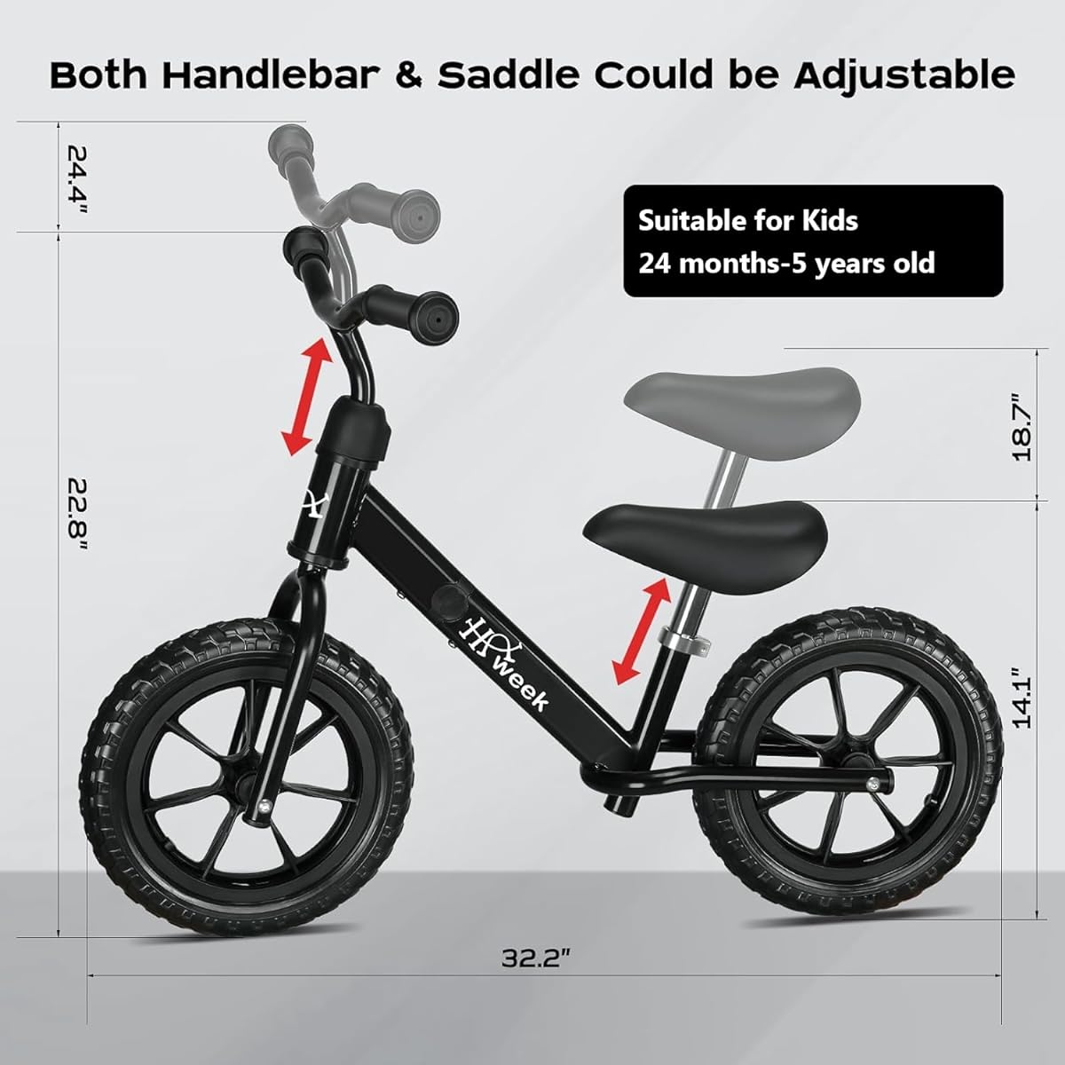 HAWEEK Toddler Balance Bike, 12" Pedalless Balance Bicycle for Kids 24 Months to 5 Years Old, Tool-Free Adjustable, Gift Bike for 2-3 Year Old Boys/Girls
