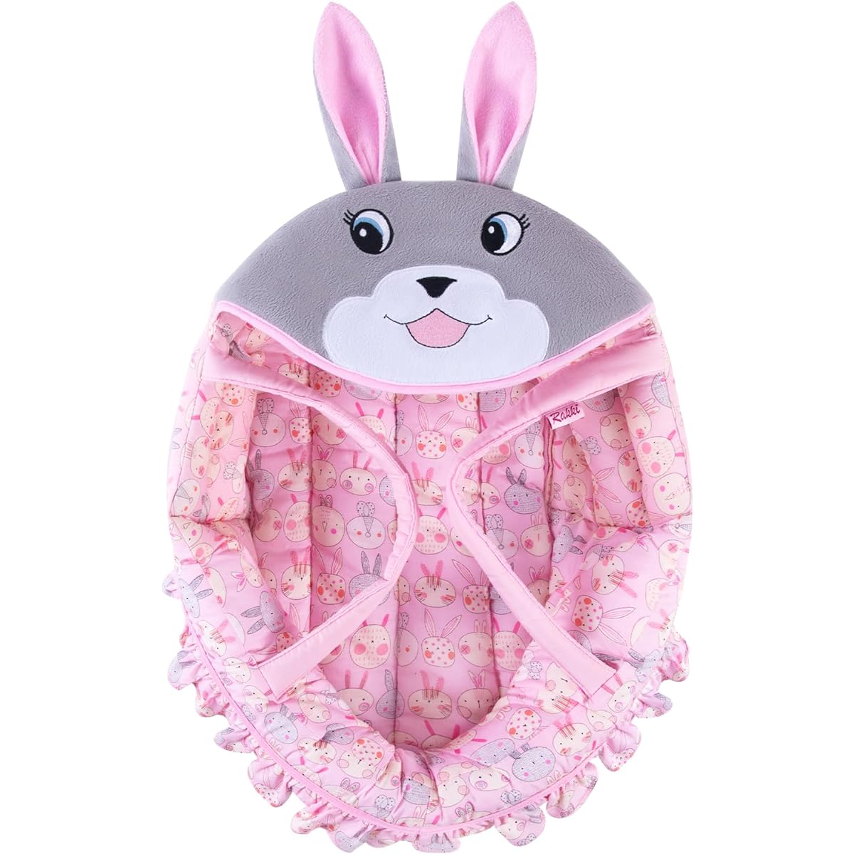 Doll Carrycot with Pink Rabbit Embroidery, Cute Rabbit Print Carrycot for 16 Inch Dolls