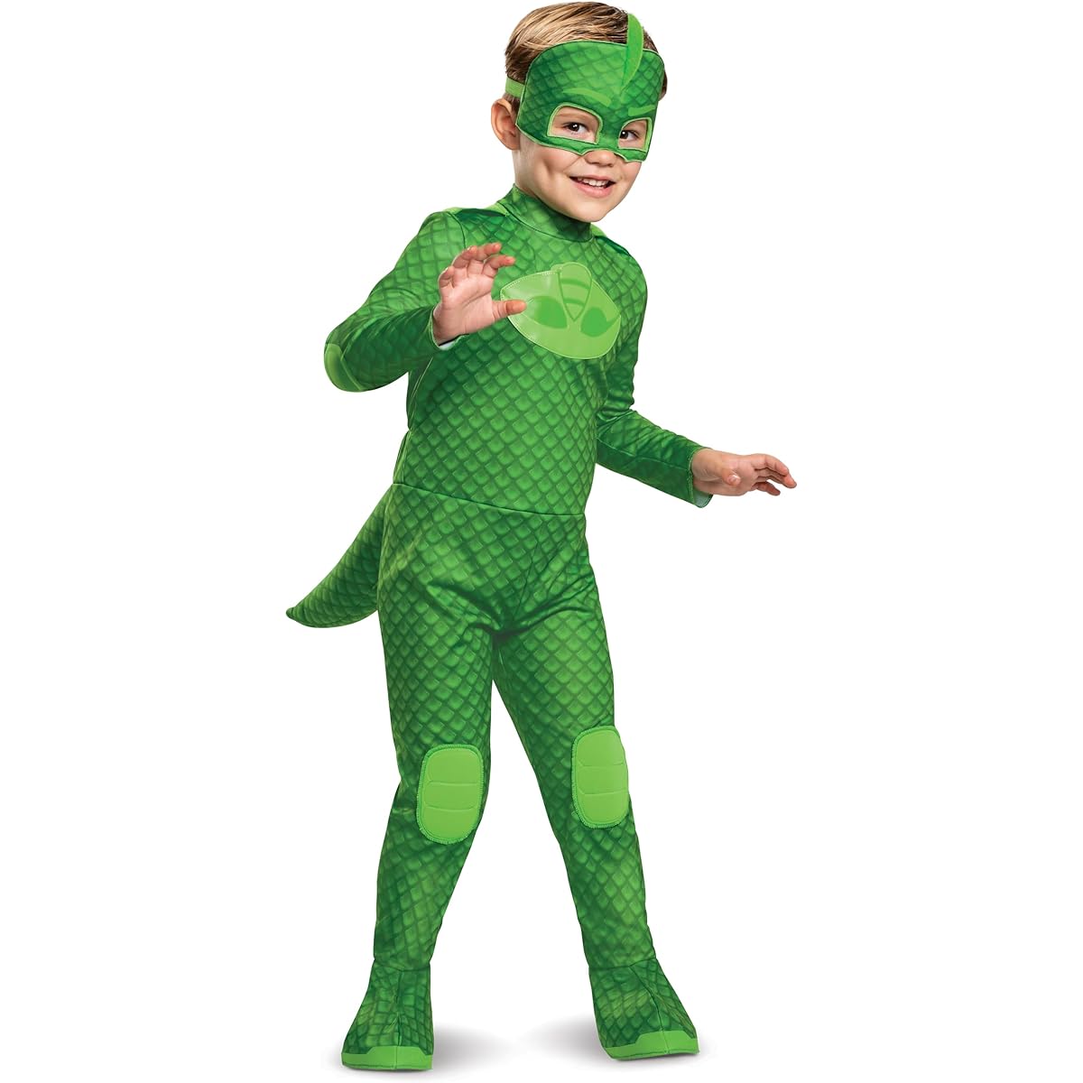 PJ Masks Gekko Costume, Deluxe Kids Light Up Jumpsuit Outfit and Character Mask, Toddler Size Small (2T) Green