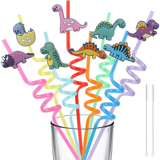 24pcs Reusable Dinosaur Straws Party Favors Plastic Dinosaur Straws for Kids Safari Jungle Dinosaur Theme Party Supplies Decorations Crazy Straws for Kids Dinosaur Birthday Party Favors 2 Clean Brushes