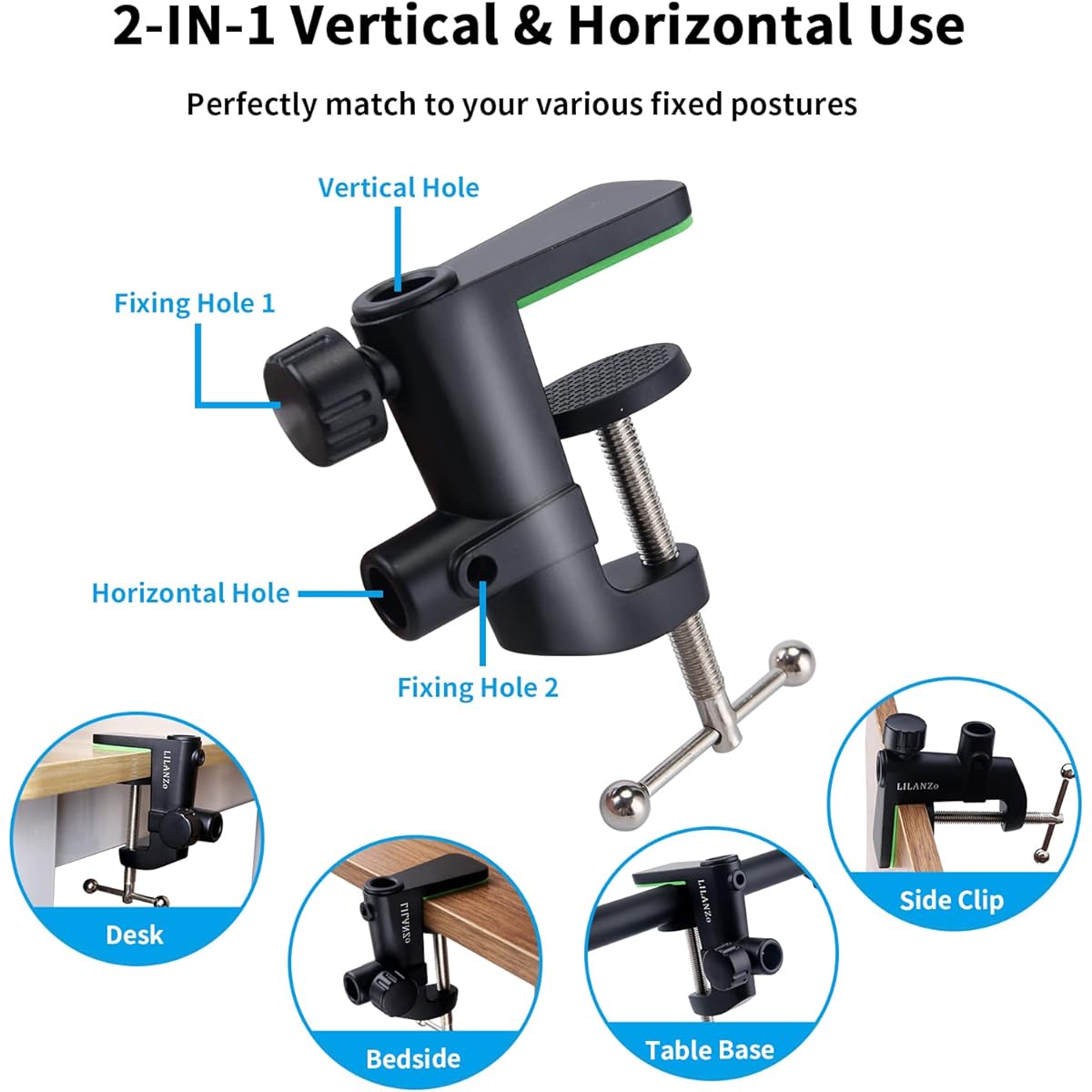 LILANZo 2-in-1 Table Mount Clamp Heavy Duty Metal Microphone Clamp Holder for Microphone Suspension Boom Scissor Arm Stand Holder & Overhead Phone Mount Stand Compatible with Thickness up to 1.97"/5cm