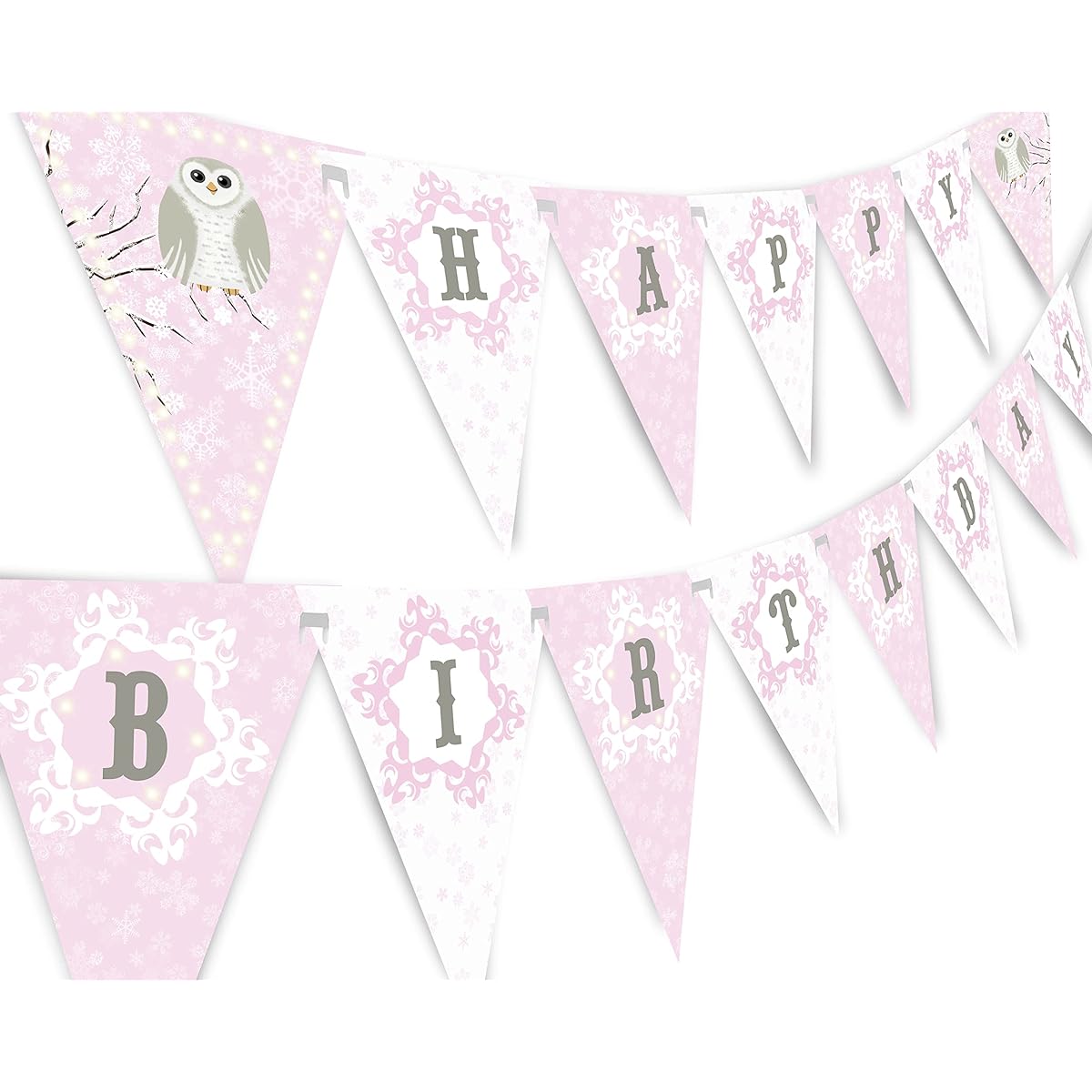Snowy Owl Pink Happy Birthday Banner Pennant by POP parties