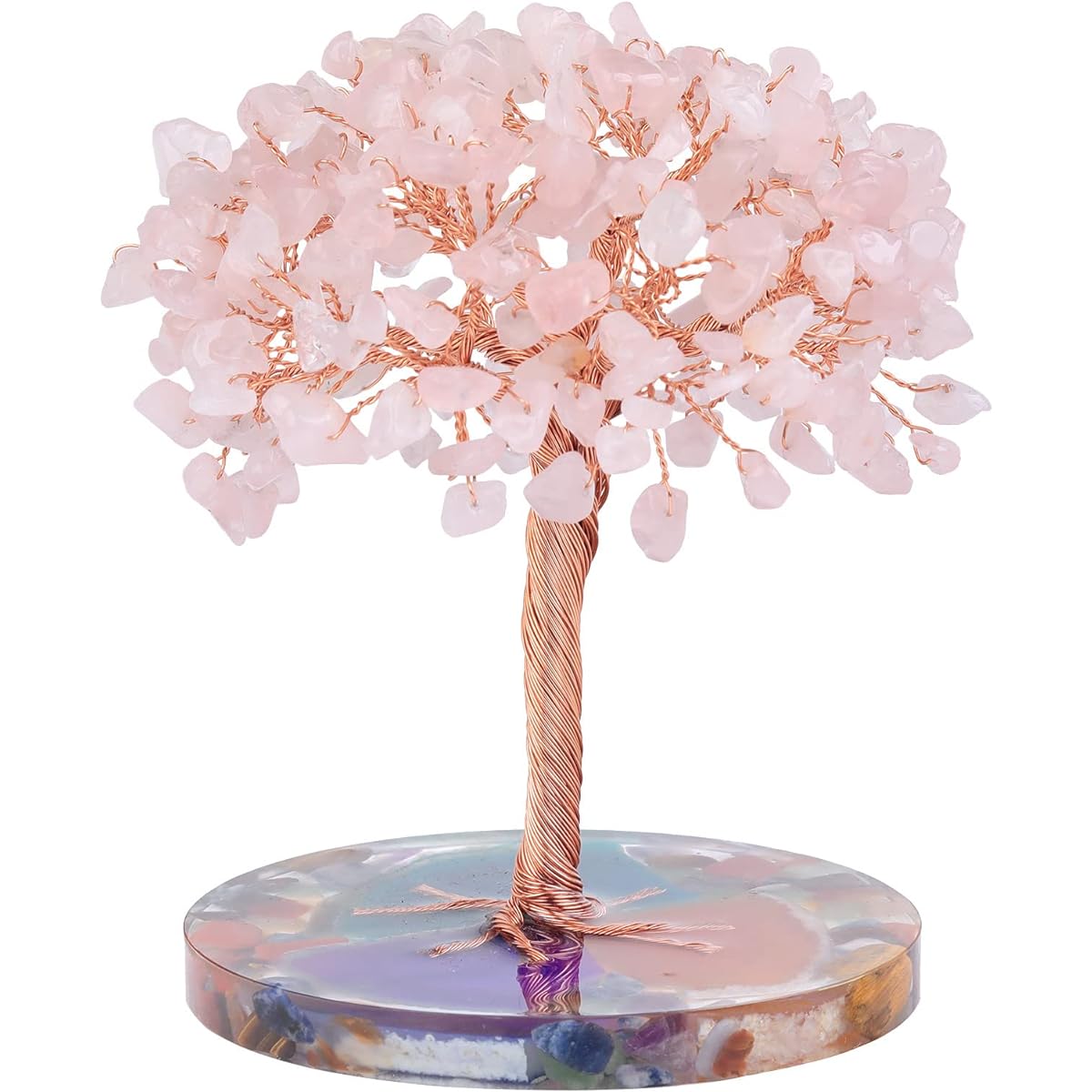 Rockcloud 4.7"-5.5" Crystal Stone Money Tree with Agate Slice Base Bonsai Feng Shui Desk Decor for Wealth and Lucky Home Decorations Rose Quartz