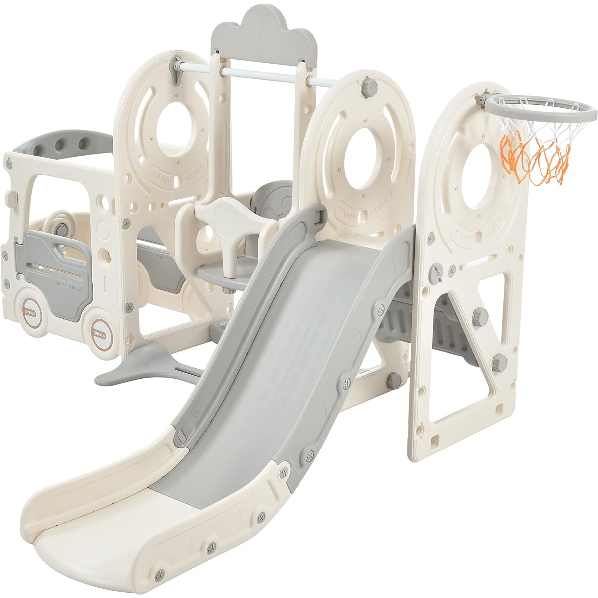 Holaki Bath Slide Indoor Children 4in1 Slide Swing Basketball Goal Play Equipment Indoor Play Equipment Large Play Equipment Slide Indoor Home Use Children Kids 1 to 8 Years Old Boys Girls Birthday Present White & Gray 182*172*115cm