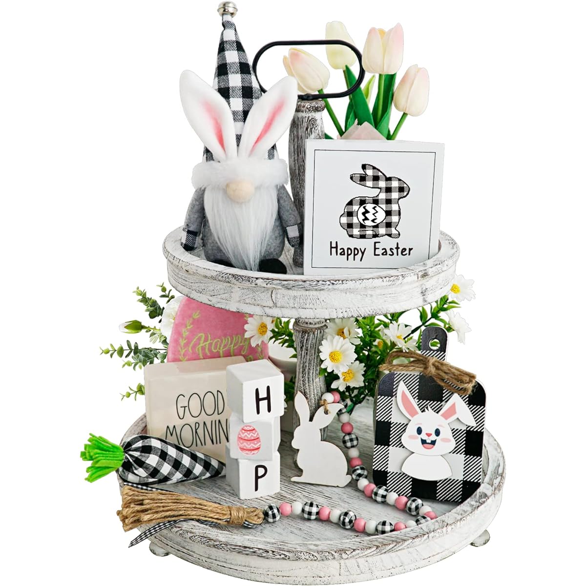 Easter Decor 8 Pieces Spring Easter Bunny Gnome Tiered Tray Decor Buffalo Checkered Easter Gnome Stuffed Animals Black Check Carrot 3D Easter Wood Sign Beaded Garland Easter Farmhouse Kitchen Table Decor