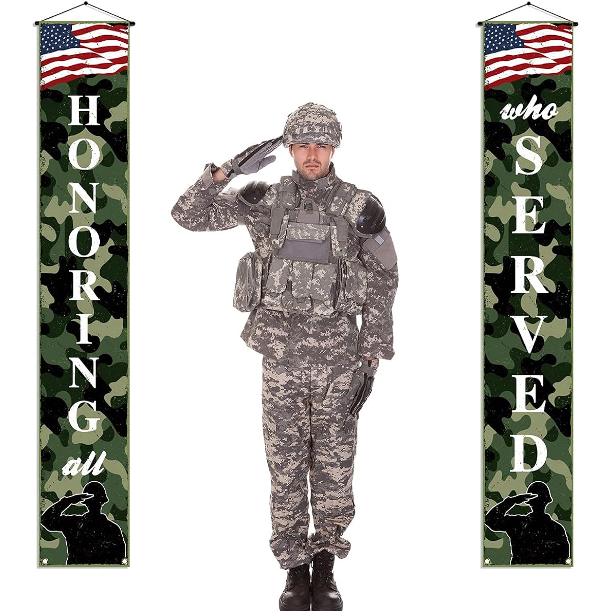 Veterans Day Porch Banner "All Who Served" Memorial Day Front Door Window Decor