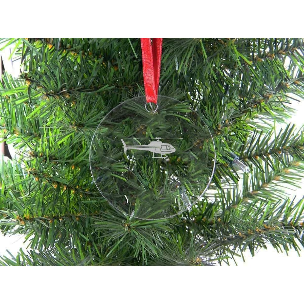 Personalized Custom Helicopter Clear Acrylic Hanging Christmas Tree Ornament with Red Ribbon