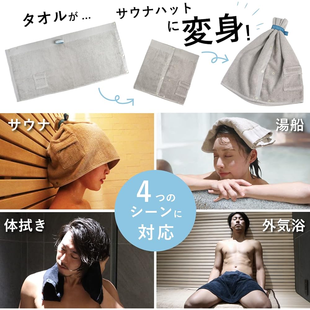 SOU by RAKUSE Sauna Hat (Washable / 2 Size Adjustments / With Pocket) Multifunctional Sauna Goods (Towel / 100% Cotton / Dark Navy) Men's Women's Large Sauna Towel