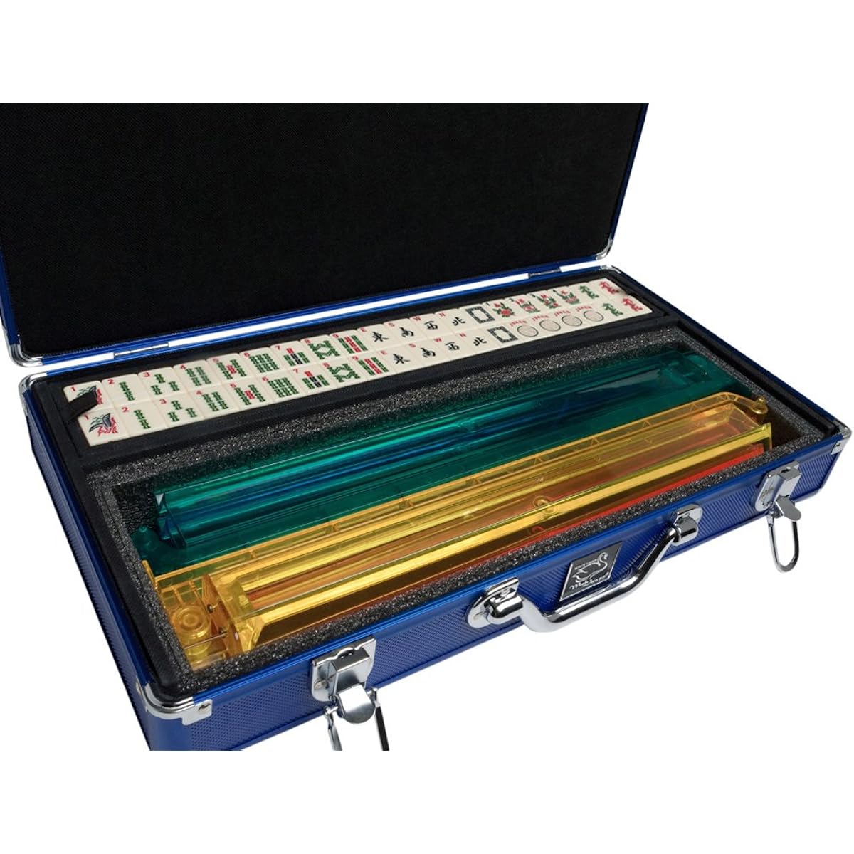 White Swan American Mah Jongg Set 166 Ivory Color Carved Tiles All-in-One Rack/Pusher 4 x Aluminum Case Blue