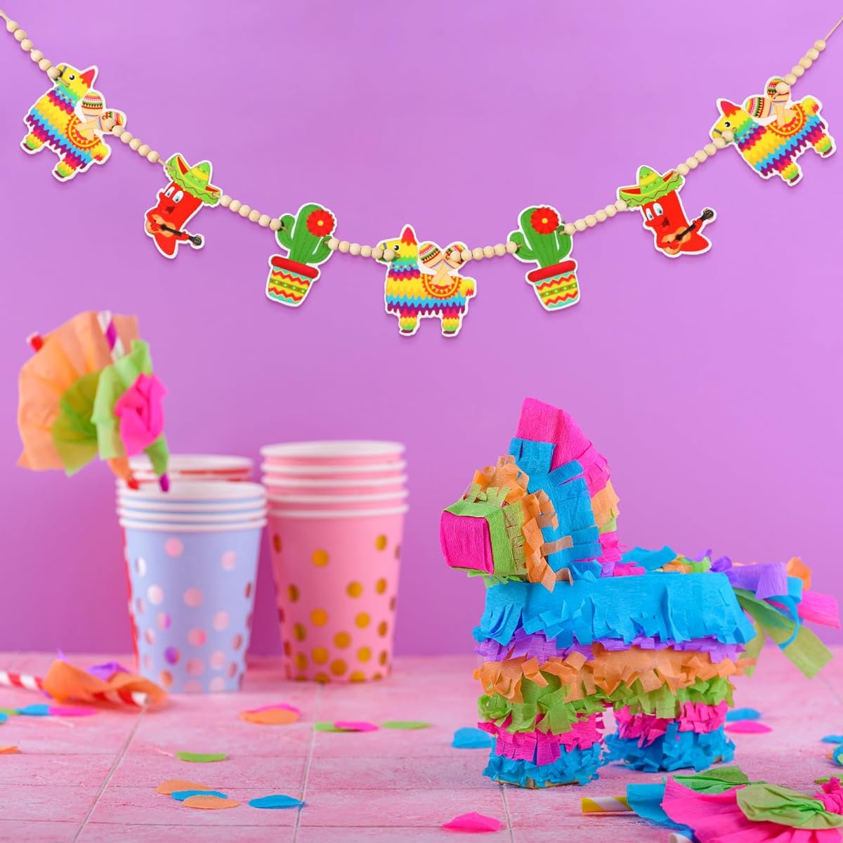 Capoda Mexican Decorations Cinco de Mayo Banner Fiesta Garland Wood Beads Felt Garland Home Mantel Fireplace Farmhouse Wall Indoor Mexican Fiesta Party Favors Supplies 4ft