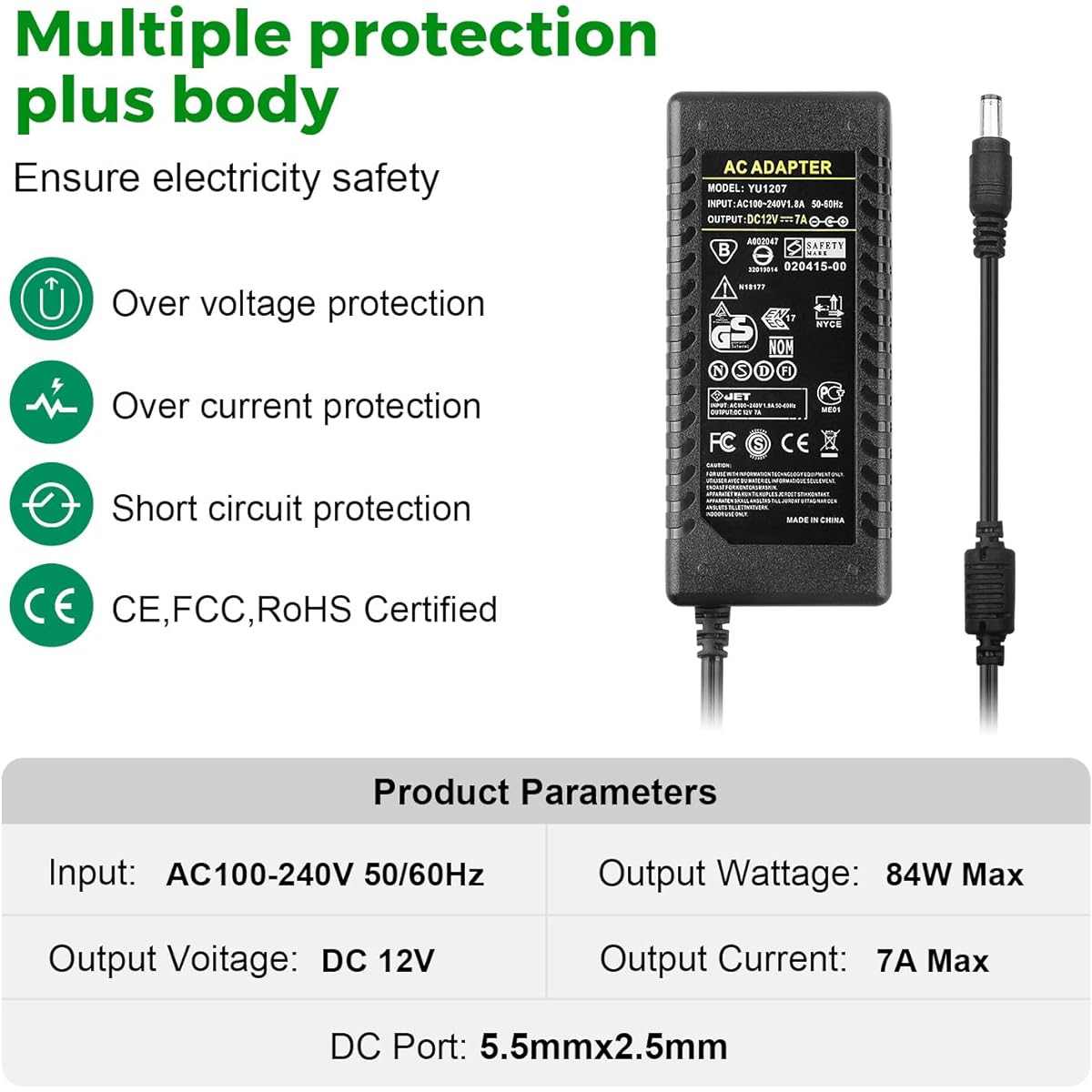 LeTaoXing 12V 7A Power Supply AC 100-240V 50/60Hz to DC 12V 7A Power Adapter 5.5x2.5mm 12 Volt Transformer 12V/7A 84W Universal Switching Power Adapter