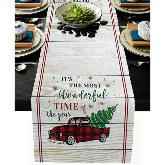 Anoreya 13x90 Inch Christmas Table Runner Dresser Scarf for Kitchen Dining Family Dinner Wedding Decor Linen Burlap Table Runner with Red Truck Christmas Tree and Snowflakes Wood