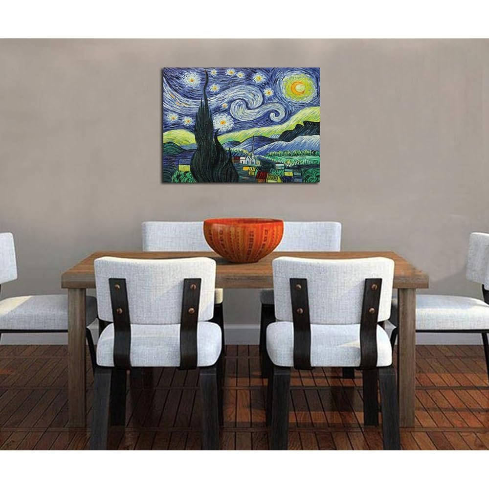 Fokenzary Hand Painted Oil Painting on Canvas Vincent Van Gogh Starry Night Reproduction Wall Decoration Framed Ready to Hang 60x80cm