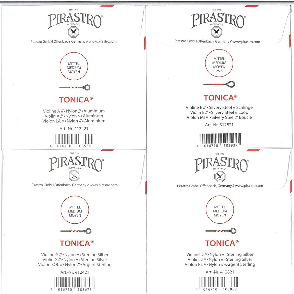 Violin Strings PIRASTRO TONICA Tonica 4/4 Size 4 String Set (E String: Loop #3128 Silvery)