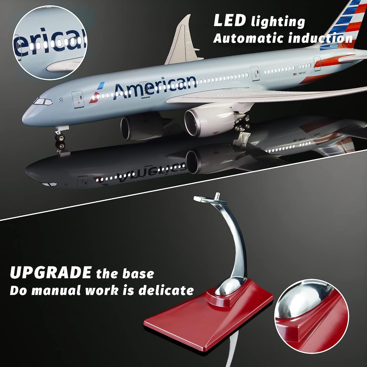Lose Fun Park 1:130 Scale Large Model Airplane American Boeing 787 Airplane Model Diecast Airplane with LED Light for Collection or Gift