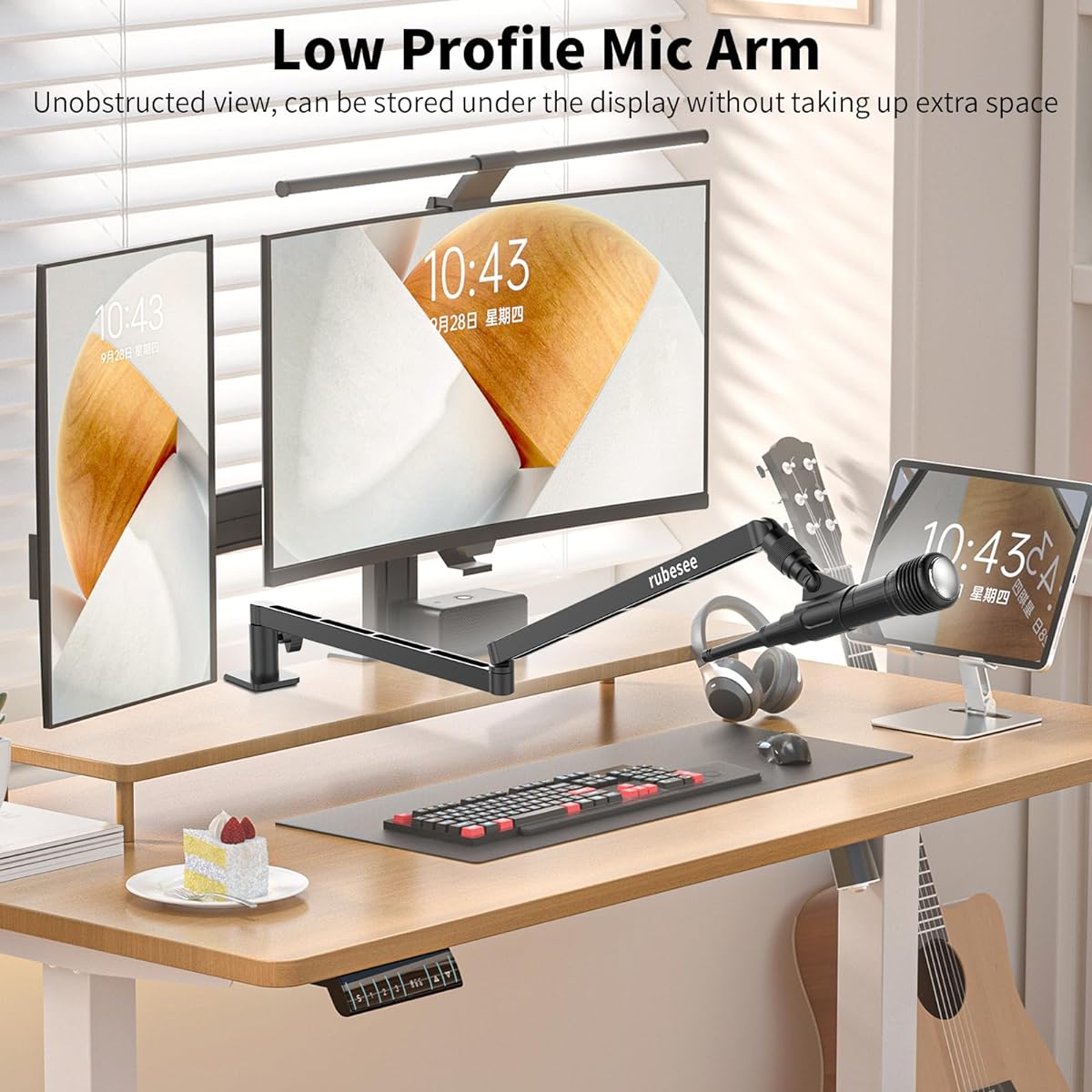 rubesee Low Profile Microphone Boom Arm Adjustable Stick Mic Arm Stand with Desk Mount Clamp/Screw Adapter/Mic Clip, Fully Rotatable Aluminum Low Arm for Podcasting/Streaming/Gaming/Office