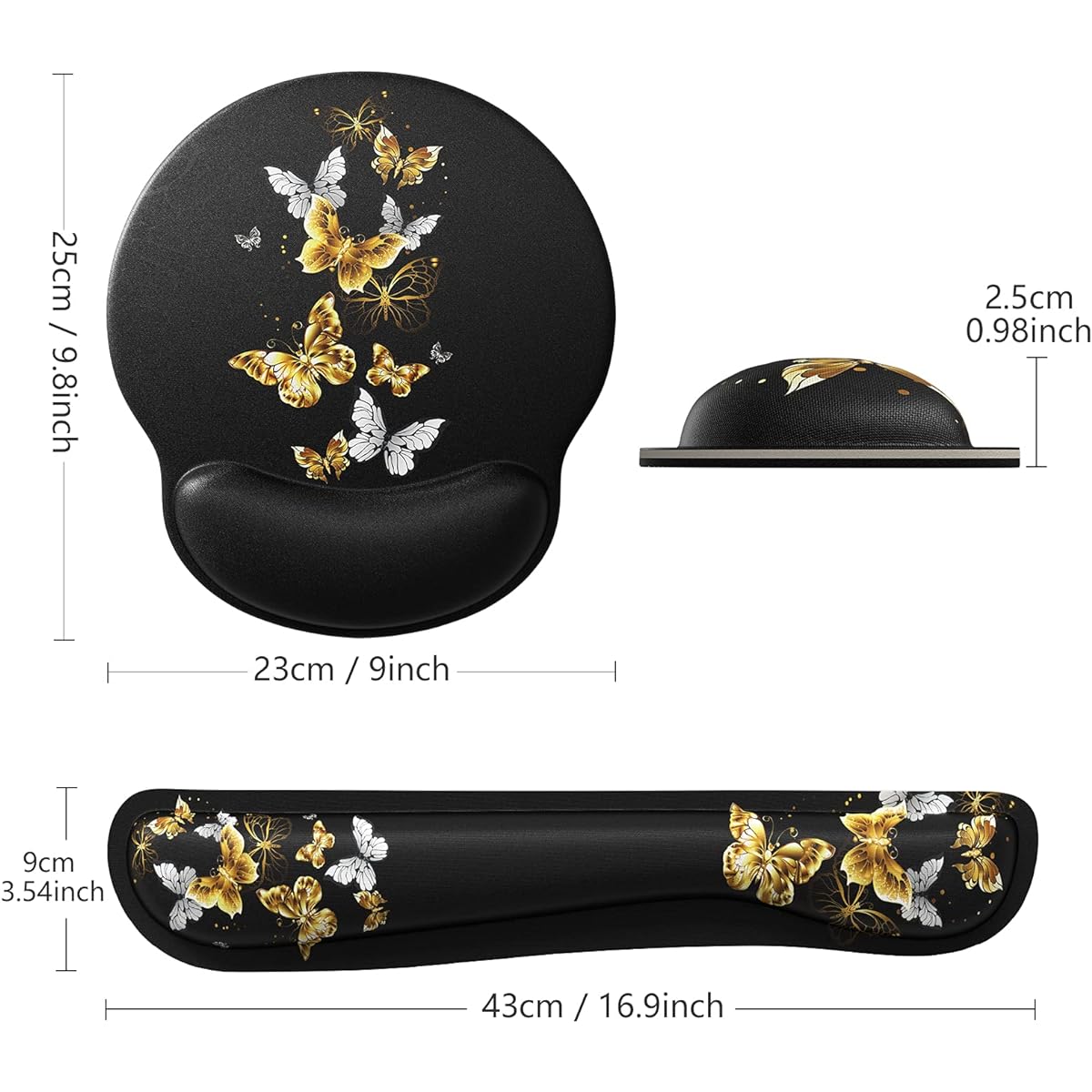 ITNRSIIET Gaming Mouse Pad with Wrist Support, Keyboard Wrist Support and Mouse Pad with Wrist Rest, Non-Slip PU Base, Gold Butterfly
