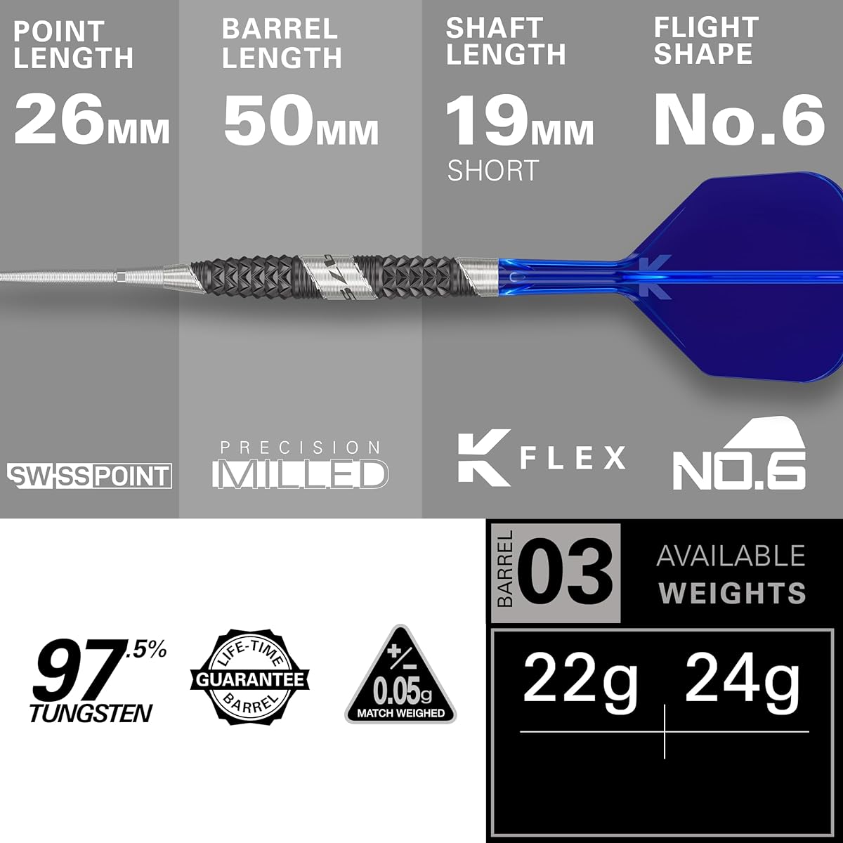 Target Darts 975 Ultramarine 03 24G Tungsten 97.5% Swiss Point Steel Tip Dart Set with K-Flex