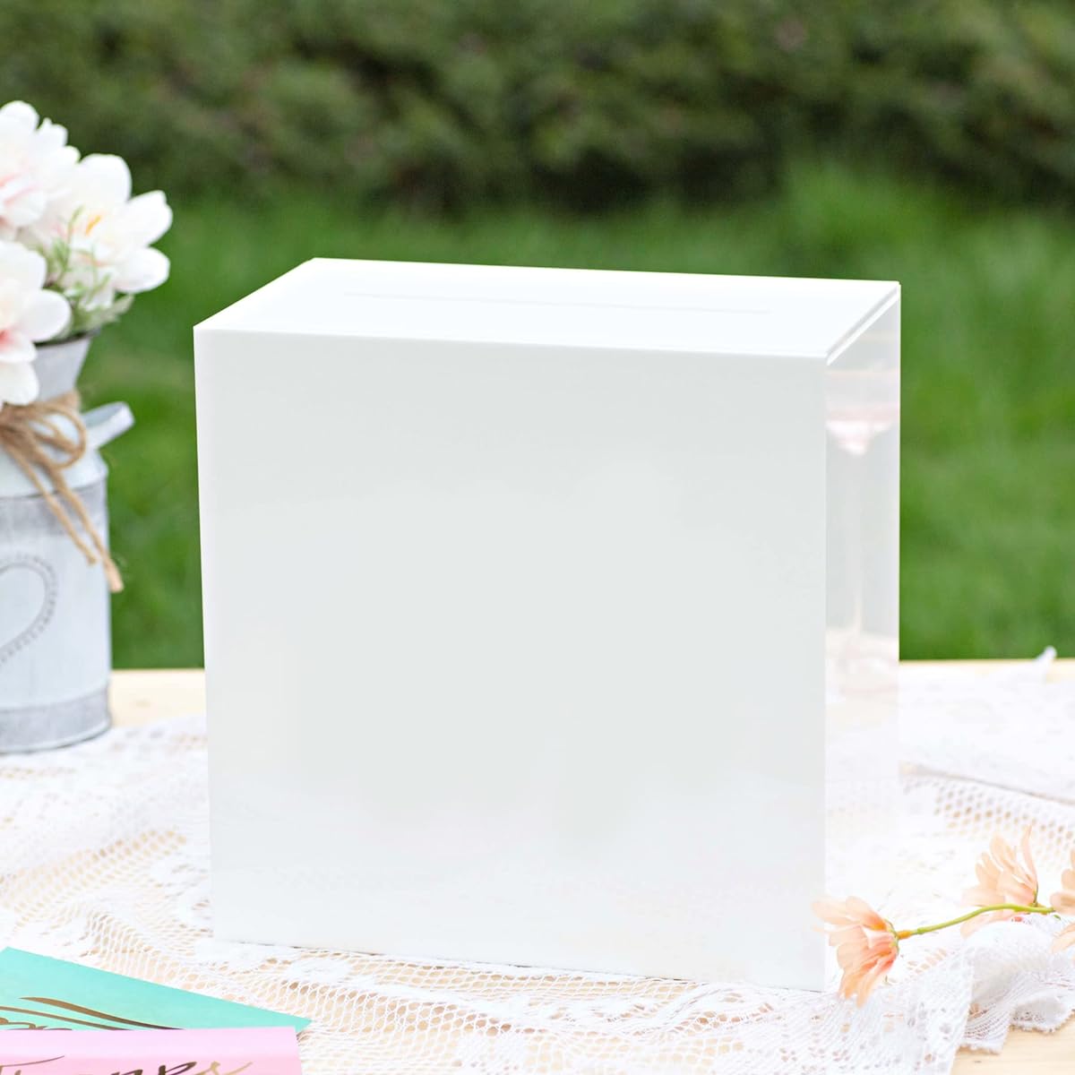 UNIQOOO White Acrylic Card Box with Slots Thick DIY Wedding Box Blank Unprinted Large 10 x 10 x 5.5 Inch for Reception Decoration Fundraiser Money Box Election Voting Graduation Favors Party Favors