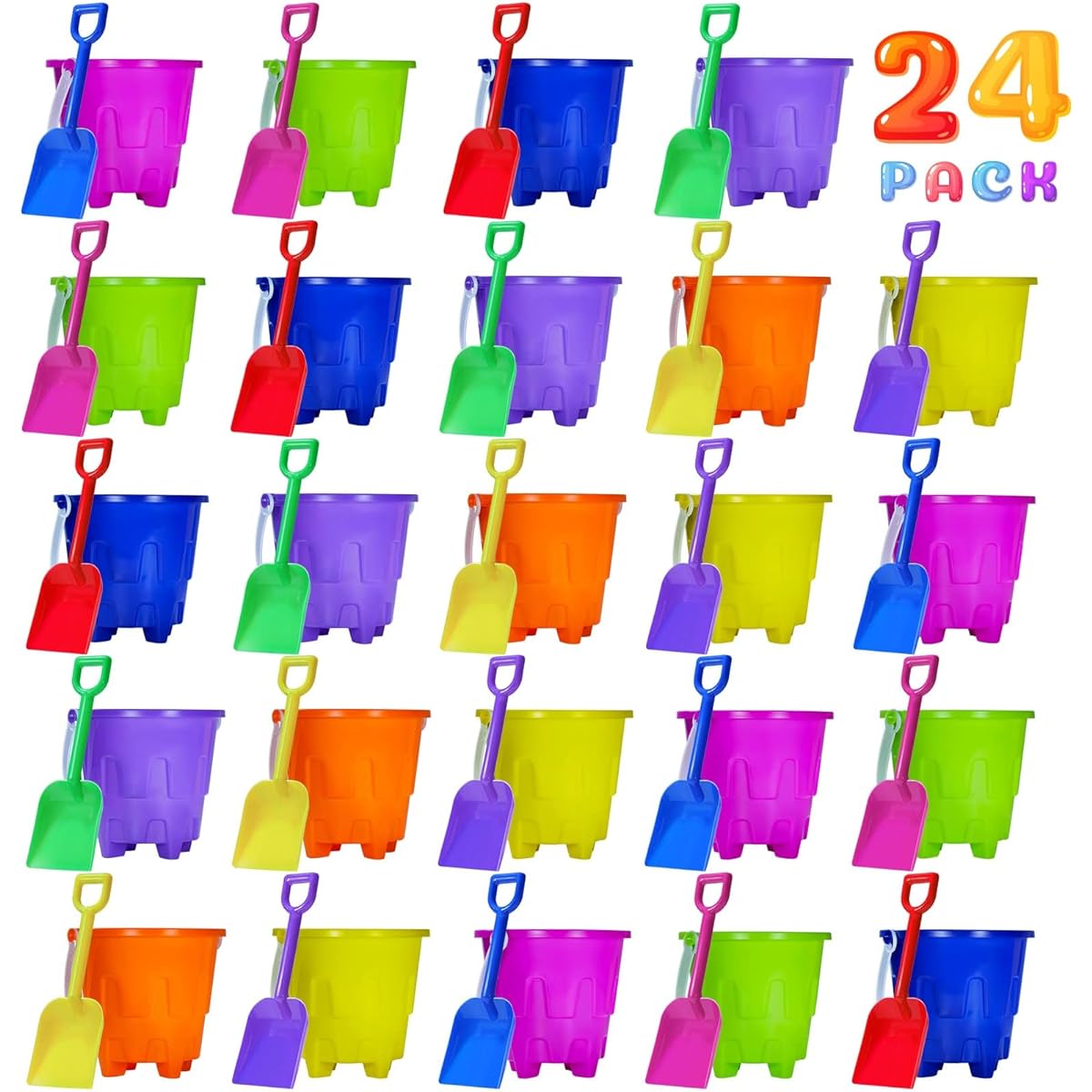 Qiuyanbo 5 Inch Sand Castle Beach Bucket and Shovel Set Sand Bucket for Beach Fun Summer Party Accessories (24 Shovels and 24 Buckets)