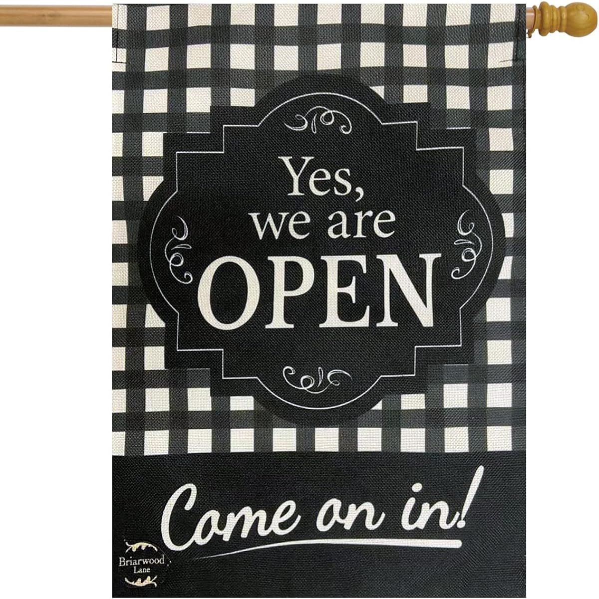 Briarwood Lane We are Open Burlap House Flag Everyday Check 28" x 40"