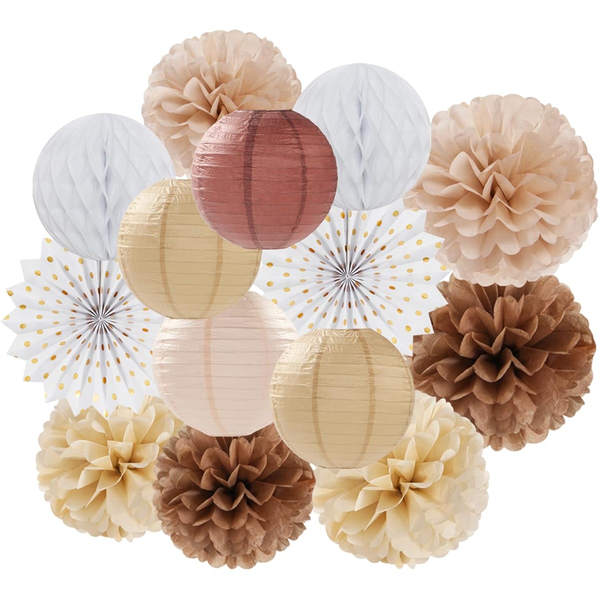 Ouruola Boho Baby Shower Party Decorations Streamer Lanterns 14pcs White Brown Champagne Neutral Birthday Wedding Bridal Paper Fans Tissue Pom Poms Honeycomb Balls Engagement Fall Christmas Decor Ouruola