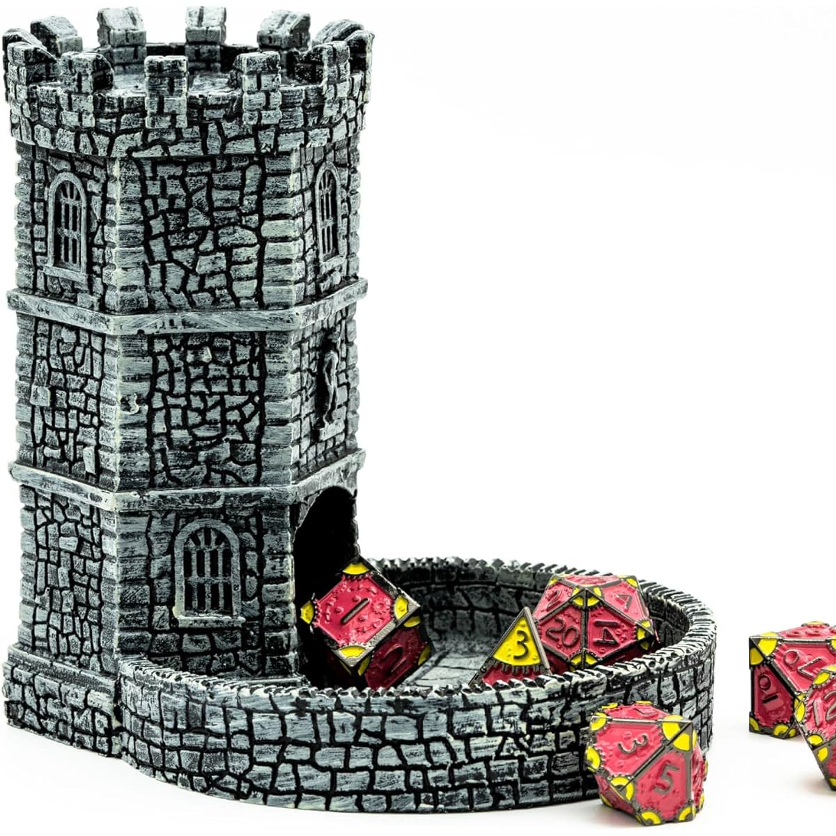 KSNDie Castle Dice Tower with Tray Wall Carved Dice Rolling Tray for Dungeons and Dragons | Easy Roller Perfect for Board Games, D&D, RPG MTG(Grey)