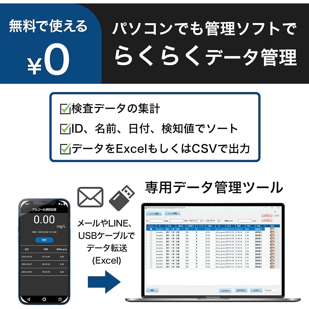 KEIYO Alcohol checker specified by the National Public Safety Commission for corporations, replaceable sensor for long-term use, easy data management with smartphone or computer AN-S104