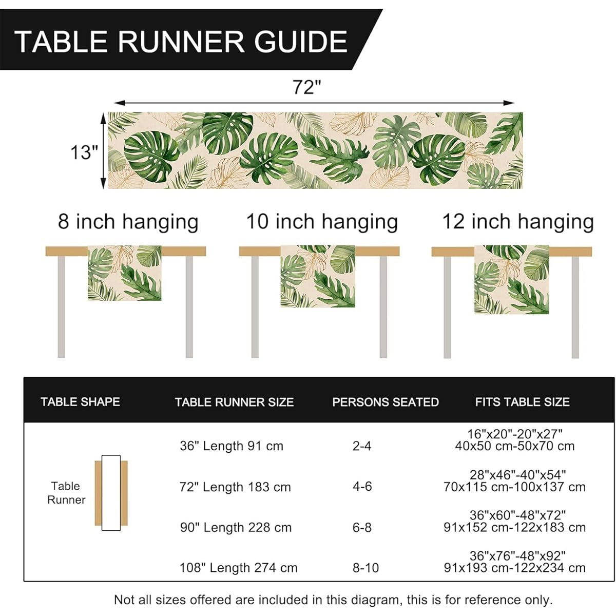 Seliem Summer Palm Leaves Tropical Green Table Runner Monstera Home Kitchen Dining Botanical Decor Spring Seasonal Decor Indoor Outdoor Hawaii Luau Anniversary Party Supplies 13 x 72 Inch