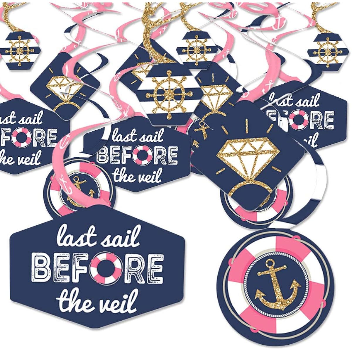 Big Dot of Happiness Last Sail Before the Veil - Nautical Bachelorette and Bridal Shower Hanging Decorations - Party Decorations Swirls - Set of 40