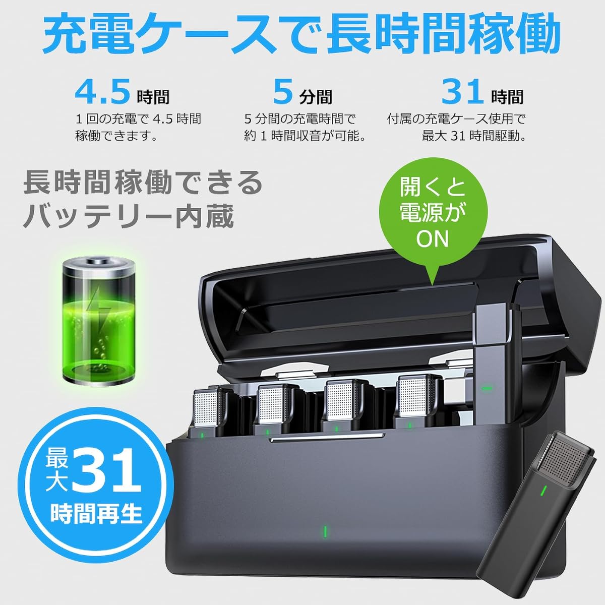 ple, Charging case included, Compact, Noise canceling, Continuous use for up to 31 hours, Wireless microphone, 360° sound collection, Hands-free, Clip type, Windshield, YouTube vlog shooting, video distribution, live broadcasting Telec certified (Type-C)
