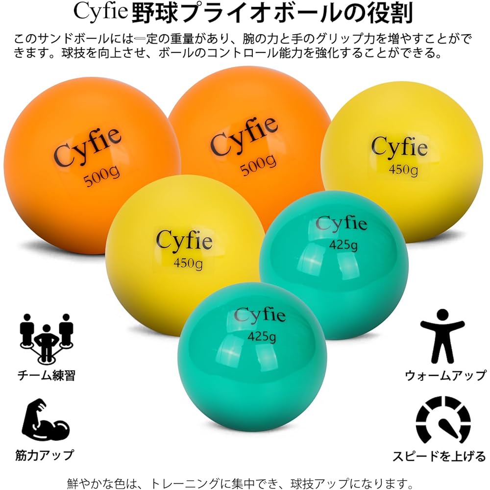 Cyfie Baseball Ball, Sand Ball, Ball Speed Increase, Pwa Ball, Plyo Ball, Training Ball, For Pitching, Pitcher, Youth Baseball & Softball, Batting Practice Ball, Practice Ball, Set of 6 Balls, 425g, 450g, 500g