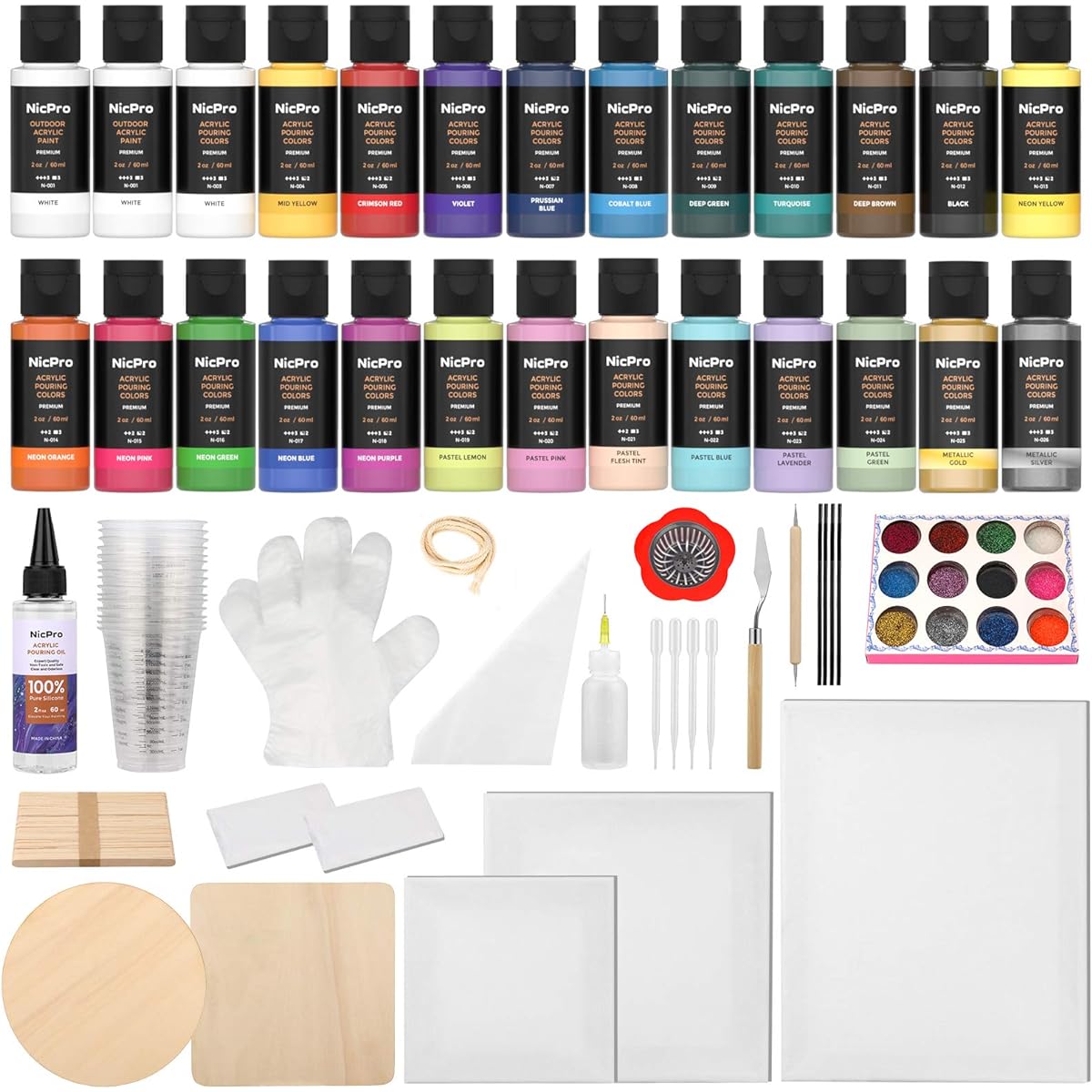 Nicpro 26 Colors 2oz Acrylic Pouring Paint Supplies Kit Premixed Pouring Paint High Flow Painting Bulk Set with Canvas, Wood Slice, Pouring Oil Tools, Gloves, Strainer, Cup, Glitter for Beginners DIY